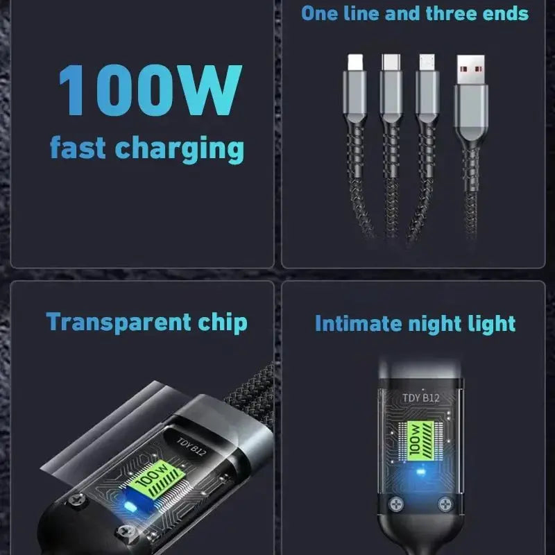 3-IN-1 120W/100W Data Cable For iPhone 15-7 Fast Charging Cable USB to TypeC 8 Pin Mirco USB For Samsung Huawei Xiaomi USB C