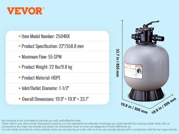VEVOR 16/19/22/24 Inch Sand Filter with 7-Way Multi-Port Valve&High GPM Flow Rate Above Inground Swimming Pool Sand System，Gray