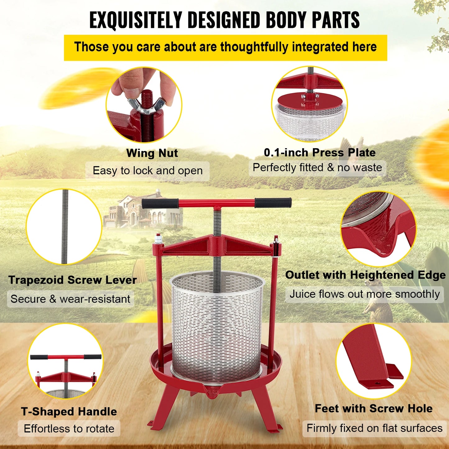 VEVOR Fruit Wine Press 3.7Gal/14L Cast Iron Manual Grape Presser for Wine Making Cider Tincture Vegetables Honey Olive Oil Press