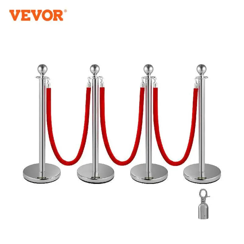 VEVOR 38Inch 4pcs Silver Stanchion Posts Queue Red Velvet Rope Crowd Control Line Barriers with Stable Base for Party Supplies