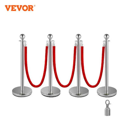 VEVOR 38Inch 4pcs Silver Stanchion Posts Queue Red Velvet Rope Crowd Control Line Barriers with Stable Base for Party Supplies