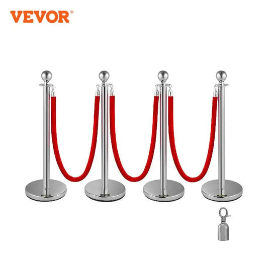 VEVOR 38Inch 4pcs Silver Stanchion Posts Queue Red Velvet Rope Crowd Control Line Barriers with Stable Base for Party Supplies