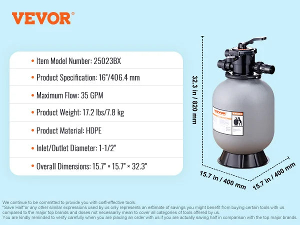 VEVOR 16/19/22/24 Inch Sand Filter with 7-Way Multi-Port Valve&High GPM Flow Rate Above Inground Swimming Pool Sand System，Gray