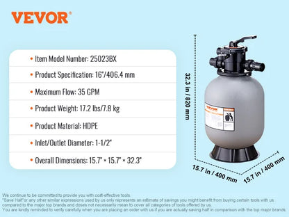 VEVOR 16/19/22/24 Inch Sand Filter with 7-Way Multi-Port Valve&High GPM Flow Rate Above Inground Swimming Pool Sand System，Gray