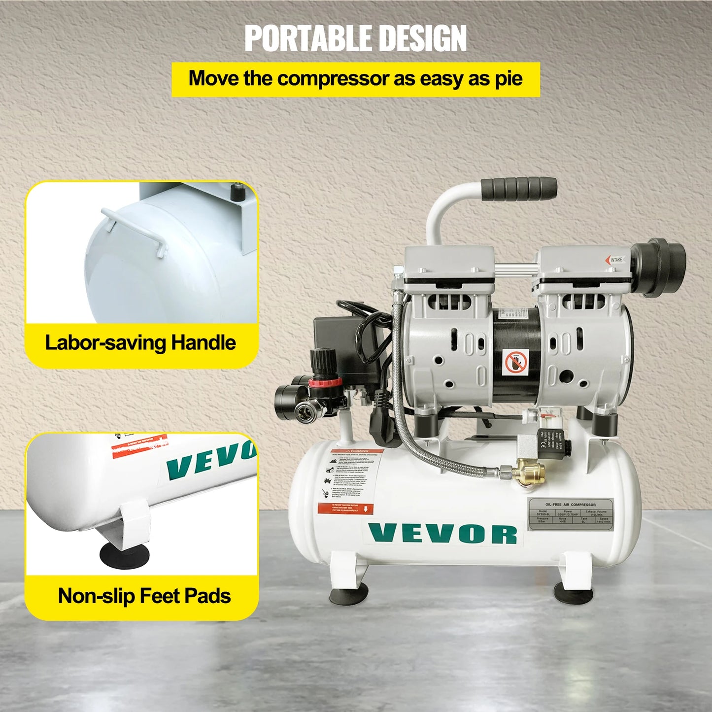 VEVOR Silent Air Compressor 9/25/30L Portable Oil-free Air Compressor Pump Safe Solenoid Valve Workshop Repair Tire Inflation