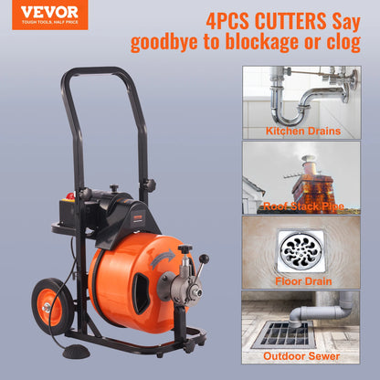 VEVOR Drain Cleaner Machine 100/50/75FT Drain Cleaning Machine Portable Electric Drain Auger Compact Electric Drain Pipe Clean