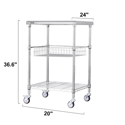 VEVOR Rolling Utility Cart 3-Tier Mobile Shelving Unit Organizer Service Cart on Wheels Metal Storage Trolley for Kitchen Bar