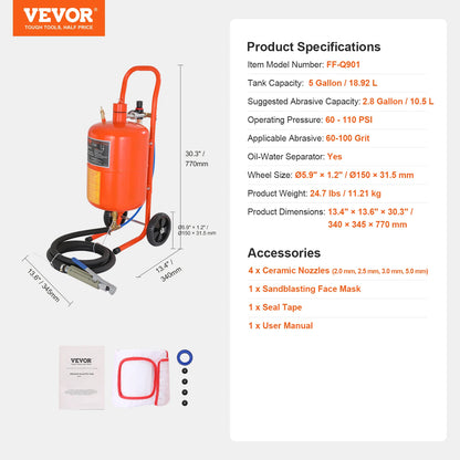 VEVOR 5/10/20 Gallon Sand Blaster 60-110 PSI Portable Air Sandblaster Kit with Oil-Water Separator for Paint Stain Rust Removal