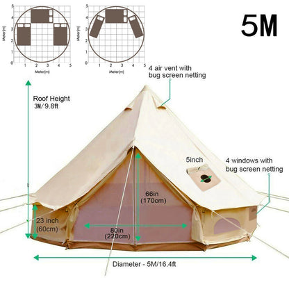 VEVOR Camping Tent 3-7m Waterproof Cotton Canvas Bell Tent Outdoor 4 Seasons Family Party Picnic Yurt W/ Stove Hole4-12 Person