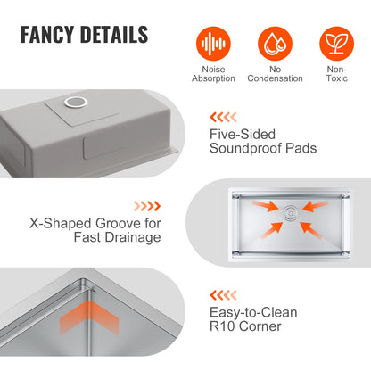 VEVOR 25-32inch Stainless Steel Kitchen Sink Undermount Single Bowl Workstation Step Sink with Cutting Board and Basket Strainer