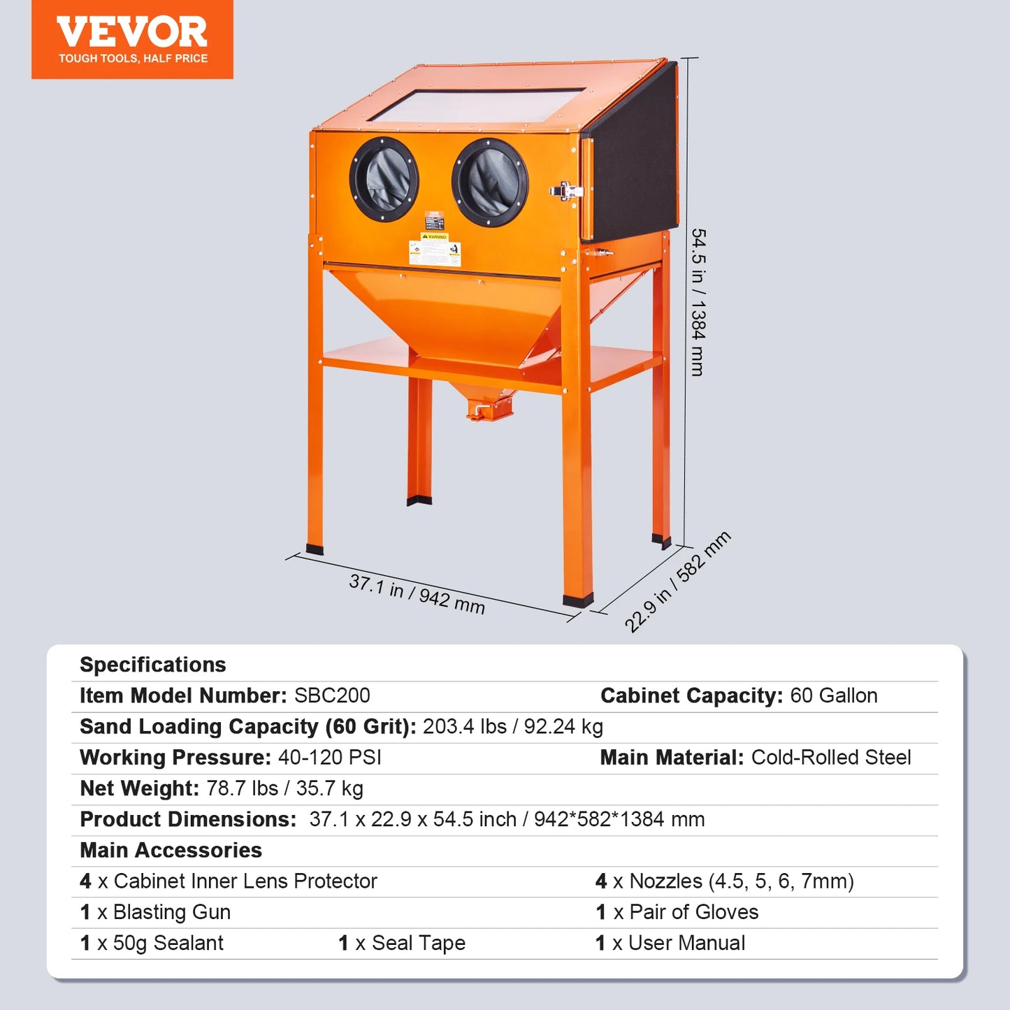 VEVOR 25/40/60 Gallon Sandblasting Cabinet Portable Benchtop Sand Blaster with Blasting Gun Nozzles for Paint Stain Rust Removal