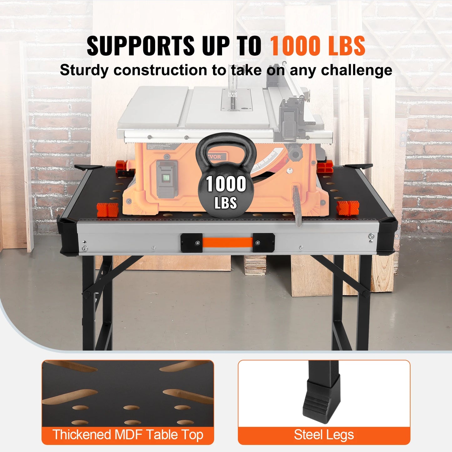 VEVOR Folding Work Table 1000LBS Load Capacity Multifuctional Portable Workbench & Versatile Sawhorse for DIY Woodworking Use