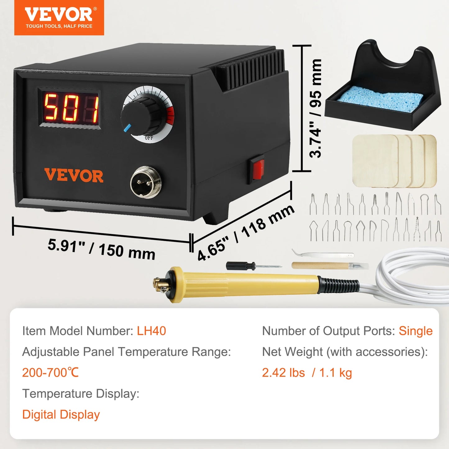 VEVOR Wood Burning Tool Kit 200/250~700°C Adjustable Temperature Woodburning Pyrography Pen Machine with 23PC Wire Tips