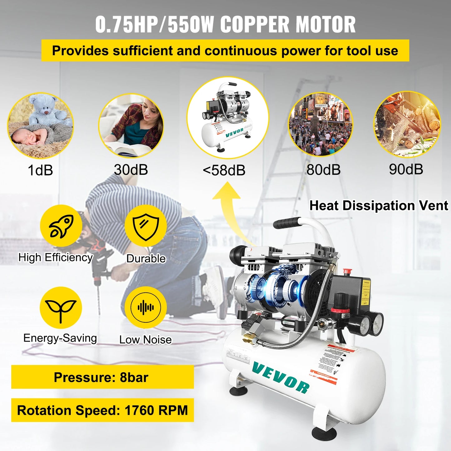 VEVOR Silent Air Compressor 9/25/30L Portable Oil-free Air Compressor Pump Safe Solenoid Valve Workshop Repair Tire Inflation