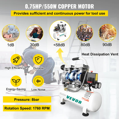 VEVOR Silent Air Compressor 9/25/30L Portable Oil-free Air Compressor Pump Safe Solenoid Valve Workshop Repair Tire Inflation