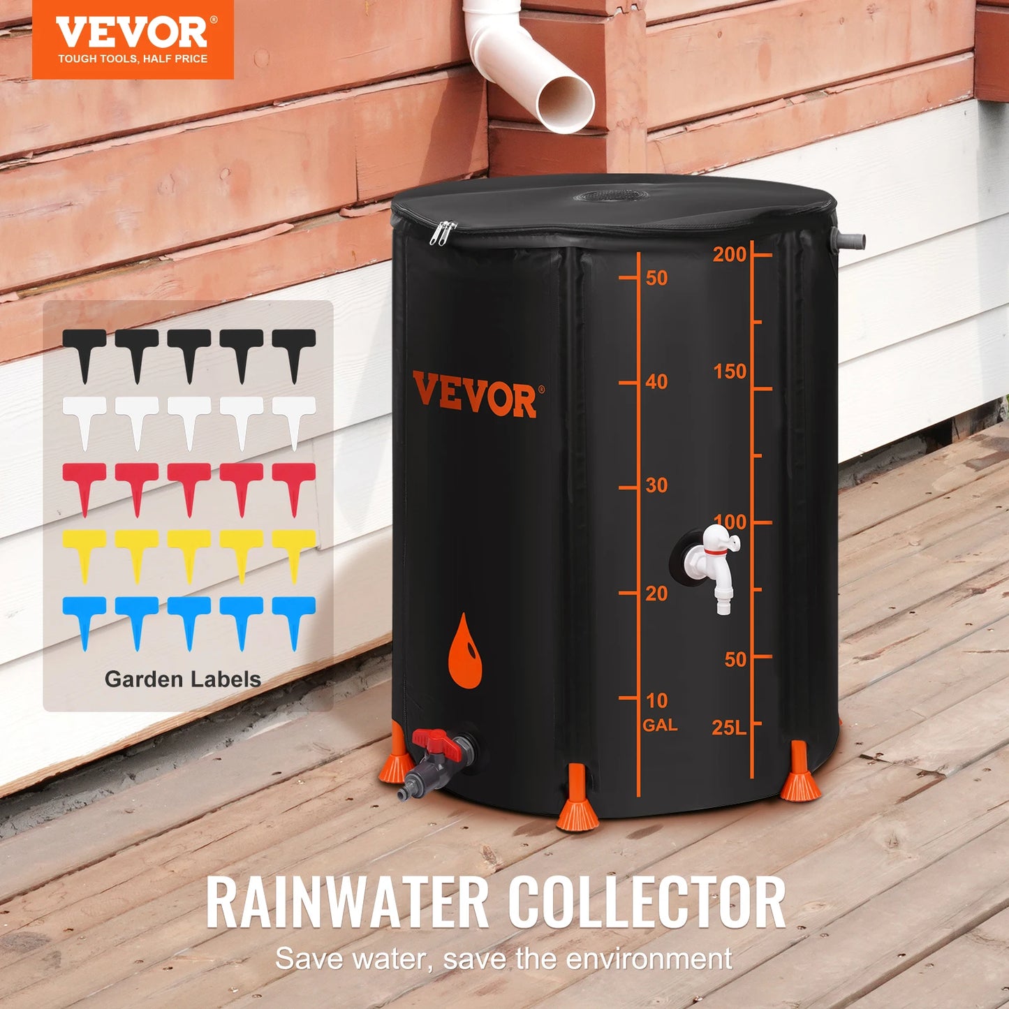 VEVOR Collapsible Rain Barrel 53/100 Gal Large Capacity PVC Rainwater Collection System with Spigots and Overflow Kitfor Garden