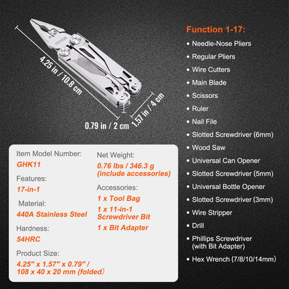 VEVOR 16 17-In-1 Multitool Pliers Multi Tool Pliers Cutters Knife Scissors Ruler Screwdrivers Wood Saw, Can Bottle Opener