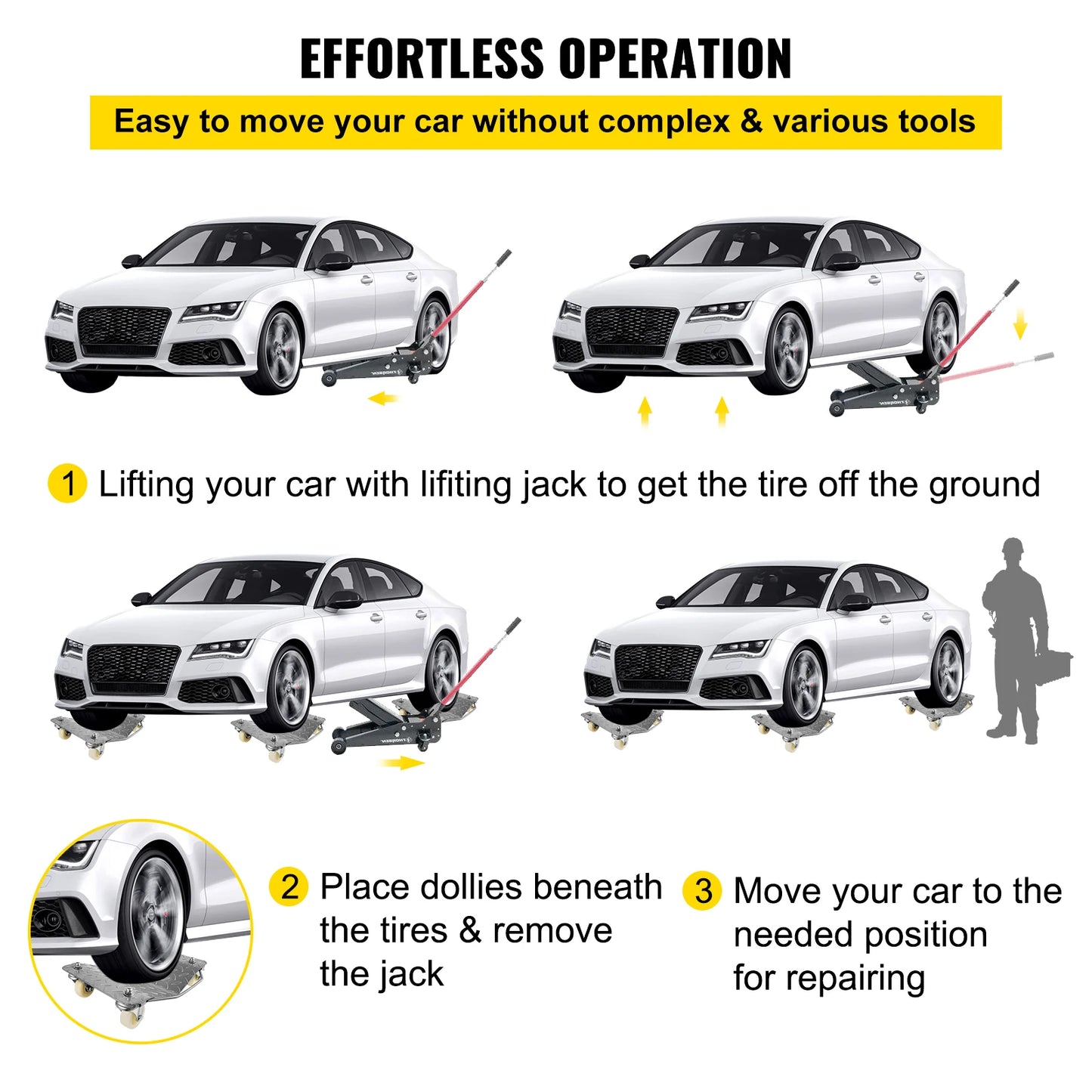 VEVOR 2 Pcs Car Tire Wheel Trolley Dollies Parking Assistant Vehicle Moving Tire Skates with 4 Casters 1100 Lbs Weight Capacity