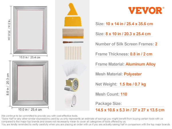 VEVOR Screen Printing Kit 2/3 Pieces Aluminum Silk Screen Printing Frames 110 Count Mesh 5 Glitters and Screen Printing