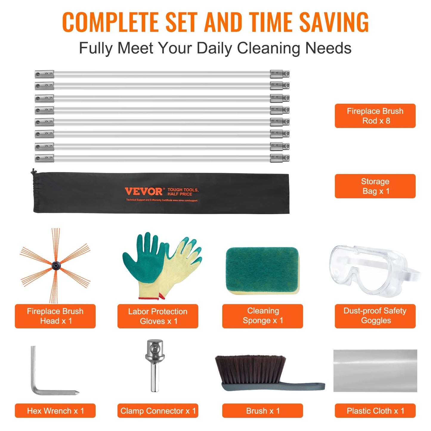 VEVOR 23/26/30/33/39ft Chimney Sweep Kit w/ Reinforced Nylon Flexible Rods Ergonomic Chimney Cleaning Brush 360-Degree Brush