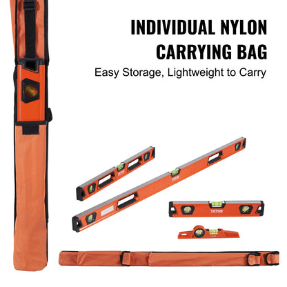 VEVOR Magnetic Torpedo Level 48/24/16/10 in Mechanical Level Set Bubble Vials Ruler for 45/90/180 Degree Aluminum Alloy Leveler