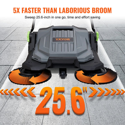 VEVOR Walk-behind Hand Push Floor Sweeper 25.6" Sweeping Width Floor Sweeper 5-Gallon Waste Container Angle & Height Adjustable