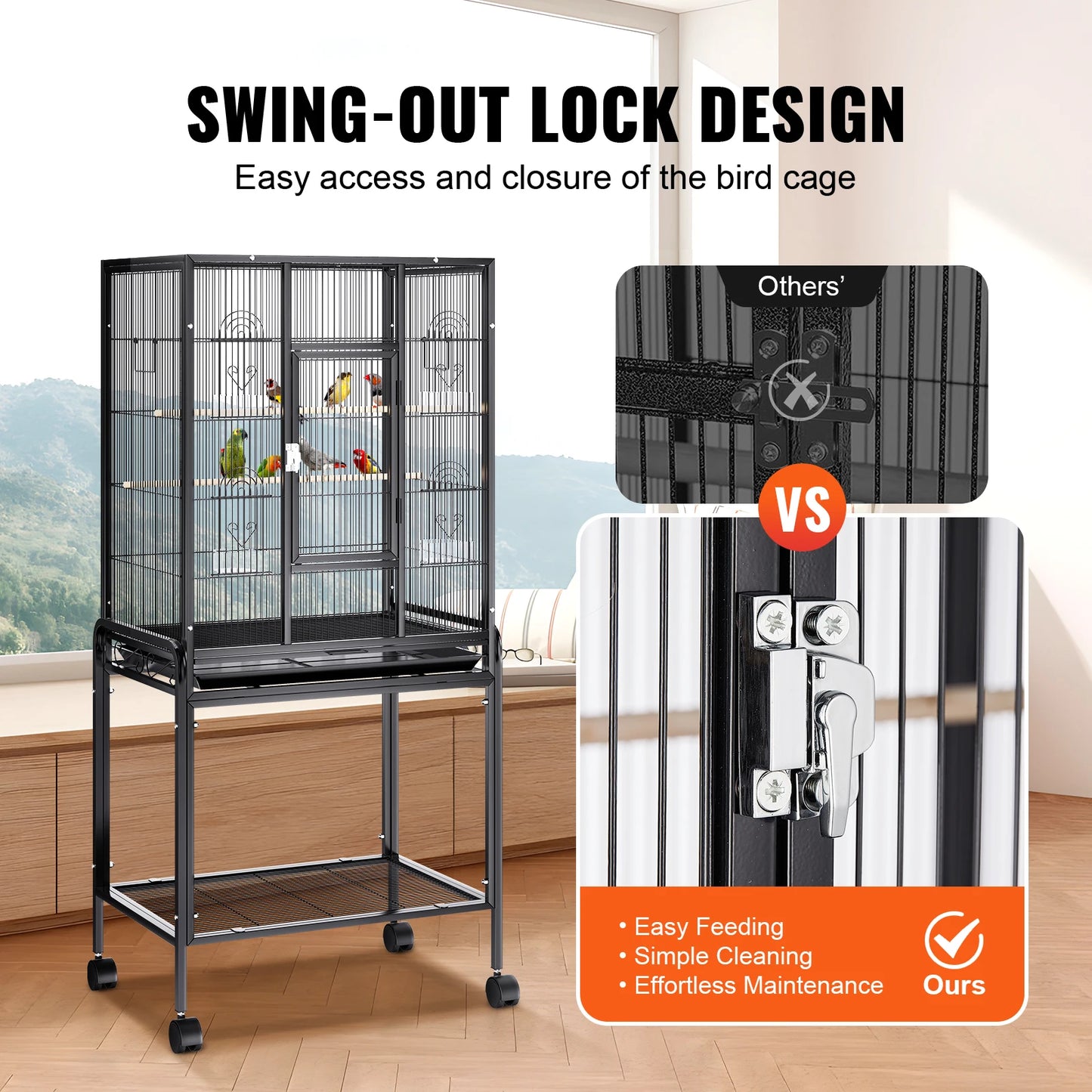 VEVOR 52/54 inch Standing Large Flight Bird Cage Carbon Steel Parakeets Cages with Rolling Stand and Tray for Cockatiels Parrots