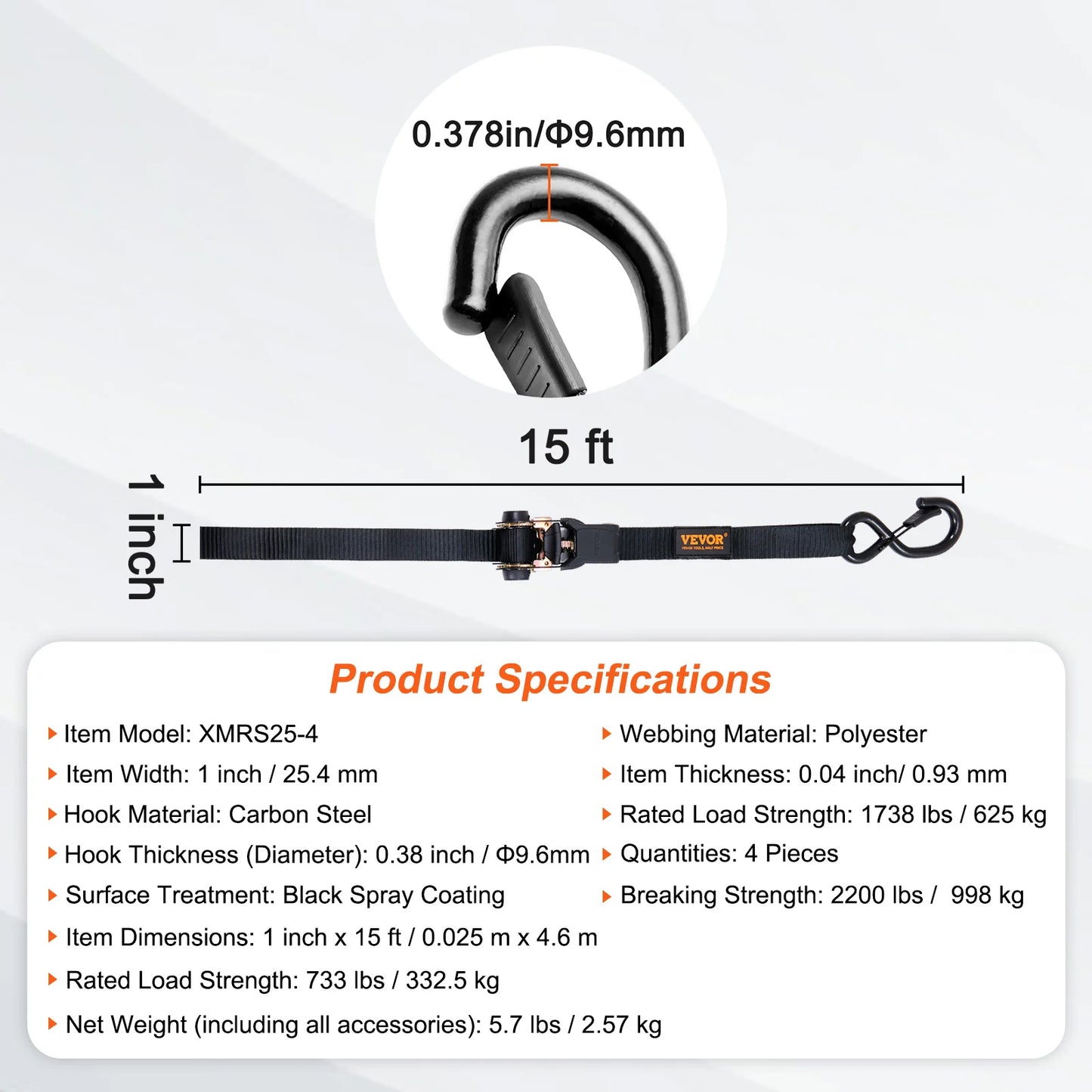 VEVOR 4pcs Trailer Ratchet Tie Down Straps with Padded Handles Hook Brake Binding Belt for Moving Securing Cargo Motorcycle