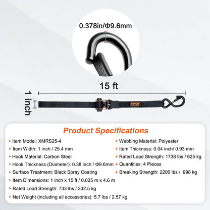 VEVOR 4pcs Trailer Ratchet Tie Down Straps with Padded Handles Hook Brake Binding Belt for Moving Securing Cargo Motorcycle