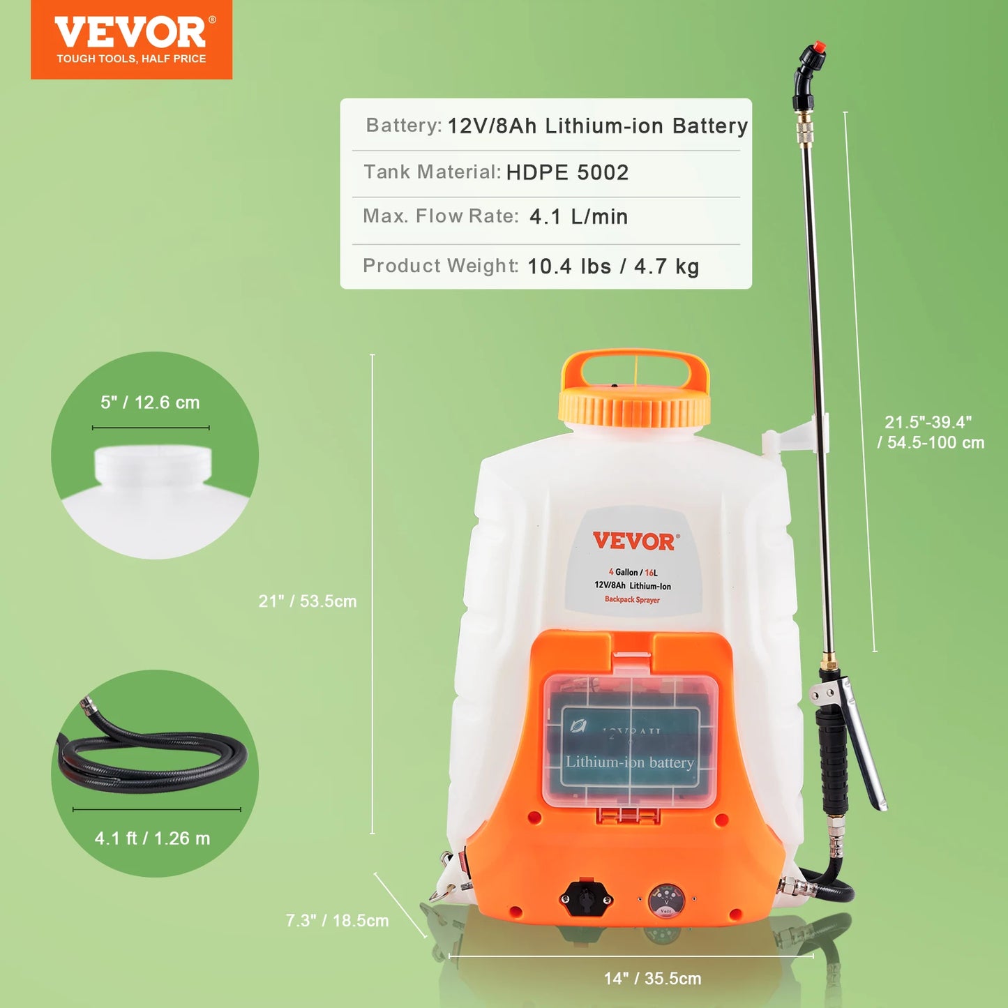 VEVOR Battery Powered Backpack Sprayer 0-90 PSI Adjustable Pressure 4 Gallon Tank Back Pack Sprayer with 8 Nozzles and 2 Wands