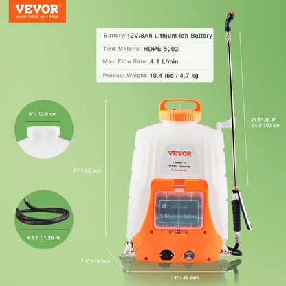 VEVOR Battery Powered Backpack Sprayer 0-90 PSI Adjustable Pressure 4 Gallon Tank Back Pack Sprayer with 8 Nozzles and 2 Wands