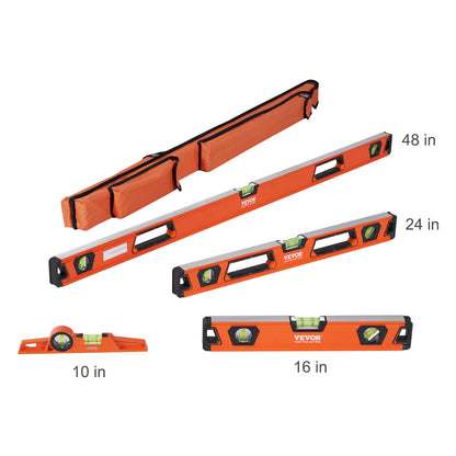 VEVOR Magnetic Torpedo Level 48/24/16/10 in Mechanical Level Set Bubble Vials Ruler for 45/90/180 Degree Aluminum Alloy Leveler