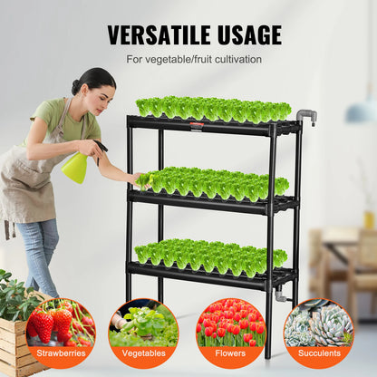 VEVOR Hydroponics Growing System 108 Sites 3 Layers Dark Grey PVC Pipes Hydroponic Grow Kit with Water Timer Baskets and Sponges