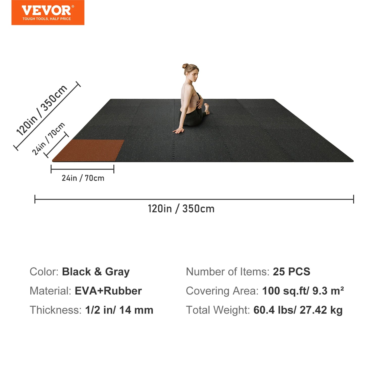 VEVOR 25/12/6 PCS 1/2 inch Thick Gym Floor Mats EVA Foam & Rubber Top Interlocking Workout Floor Mats Waterproof Exercise Mats
