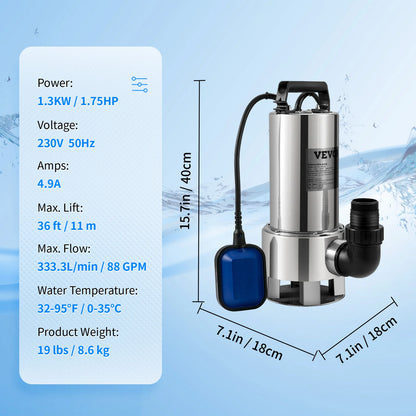 VEVOR Sewage Pump Submersible Sump Pump Clean Water Pump 550W - 2200W for Pumping Water from Swimming Pools, Basements, Hot Tubs