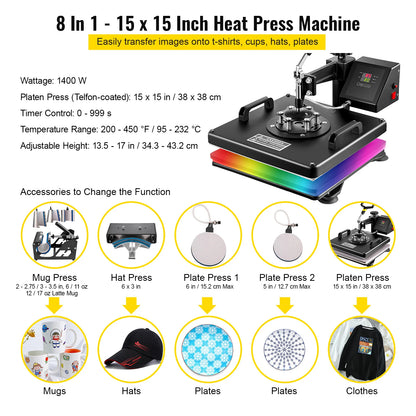VEVOR 5 6 8 in 1 Heat Press Machine T shirt Heat Transfer Printer Muntifunctional Sublimation For Mug/Latte Mug/Hat/Plate/Bottle