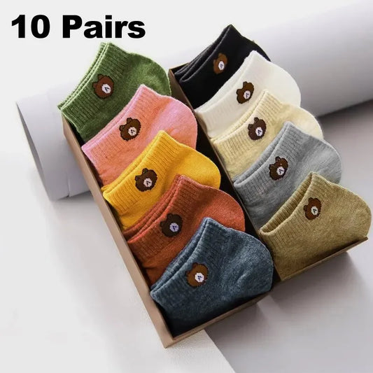 Ten Pairs of Ten Color WOMEN'S Solid Color Teddy Bear Short Socks, Cute, Comfortable, and Breathable WOMEN'S Socks