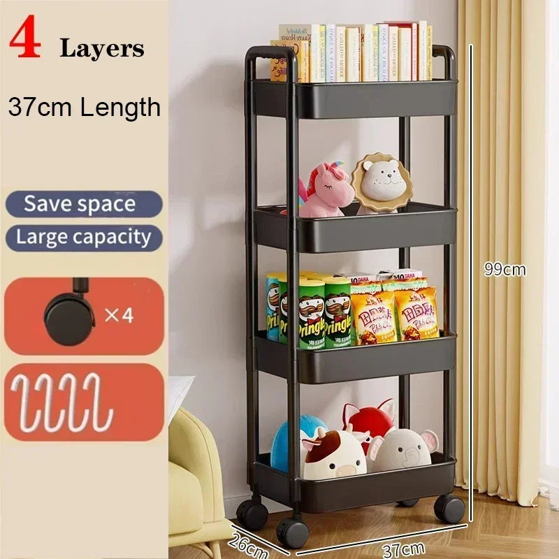 3/4/5 Tier Rolling Utility Cart with Hooks Book Storage Rack with Brakes Easy Assembly for Kitchen, Office, Bathroom
