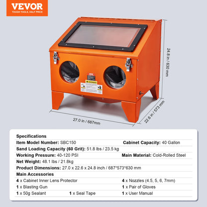VEVOR 25/40/60 Gallon Sandblasting Cabinet Portable Benchtop Sand Blaster with Blasting Gun Nozzles for Paint Stain Rust Removal