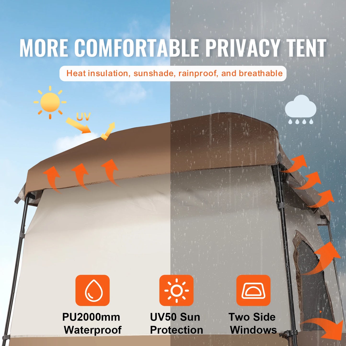 VEVOR Camping Shower Tent 66" x 66" x 87" 1 Room Oversize Outdoor Portable Shelter Privacy Tent with Detachable Top Hanging Rope