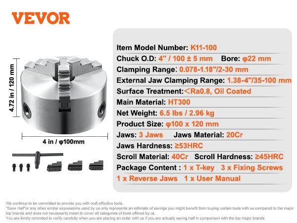 VEVOR 3-Jaw Lathe Chuck 100/125/160/200/250 mm Self-Centering Lathe Chuck Multiple Clamping Range for Lathe 3D Printer Machining