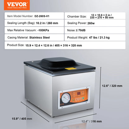 VEVOR DZ-260S Chamber Vacuum Sealer 260W Vacuum Packing Machine with 10.2" Sealing Length for Wet Foods Meats Home Kitchen Use