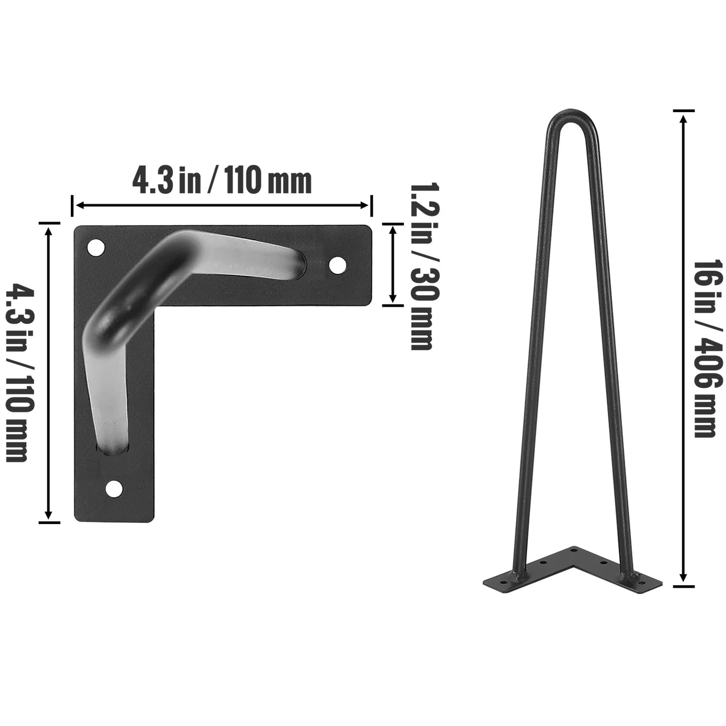 VEVOR 16inch Hairpin Furniture Legs 4PCS Black 500lbs Metal Heavy Duty Sturdy Modern Table Legs For Nightstand Coffee Table Desk