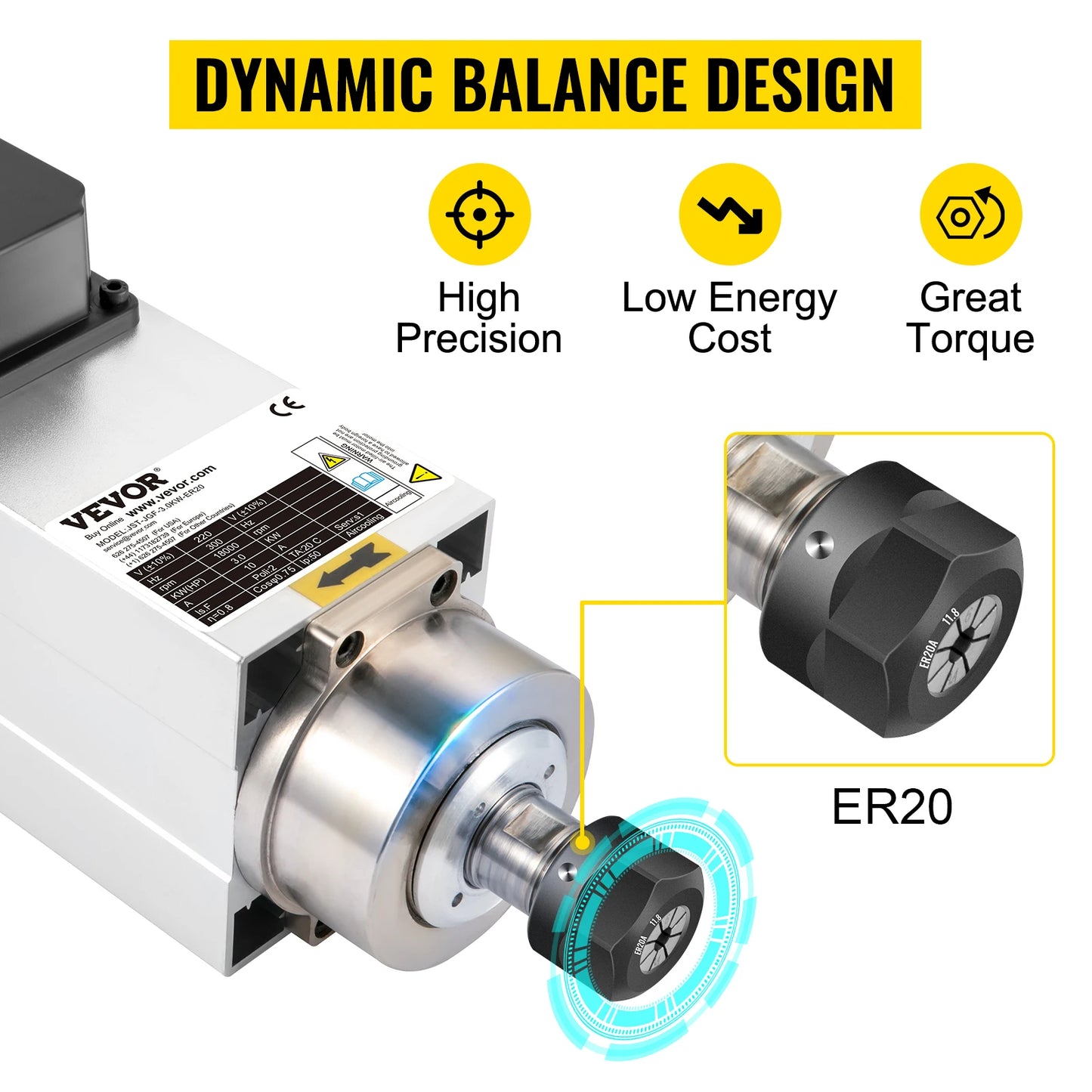 VEVOR Air Cooled Spindle Motor 0.8KW/1.5KW/2.2KW/3KW/ 4KW ER11/ER20/ER25 Collect for CNC Router Engraving Milling Machine Use