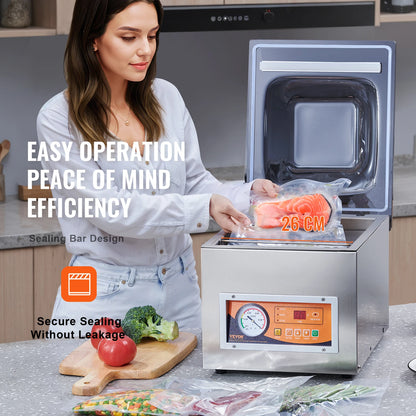 VEVOR DZ-260S Chamber Vacuum Sealer 260W Vacuum Packing Machine with 10.2" Sealing Length for Wet Foods Meats Home Kitchen Use