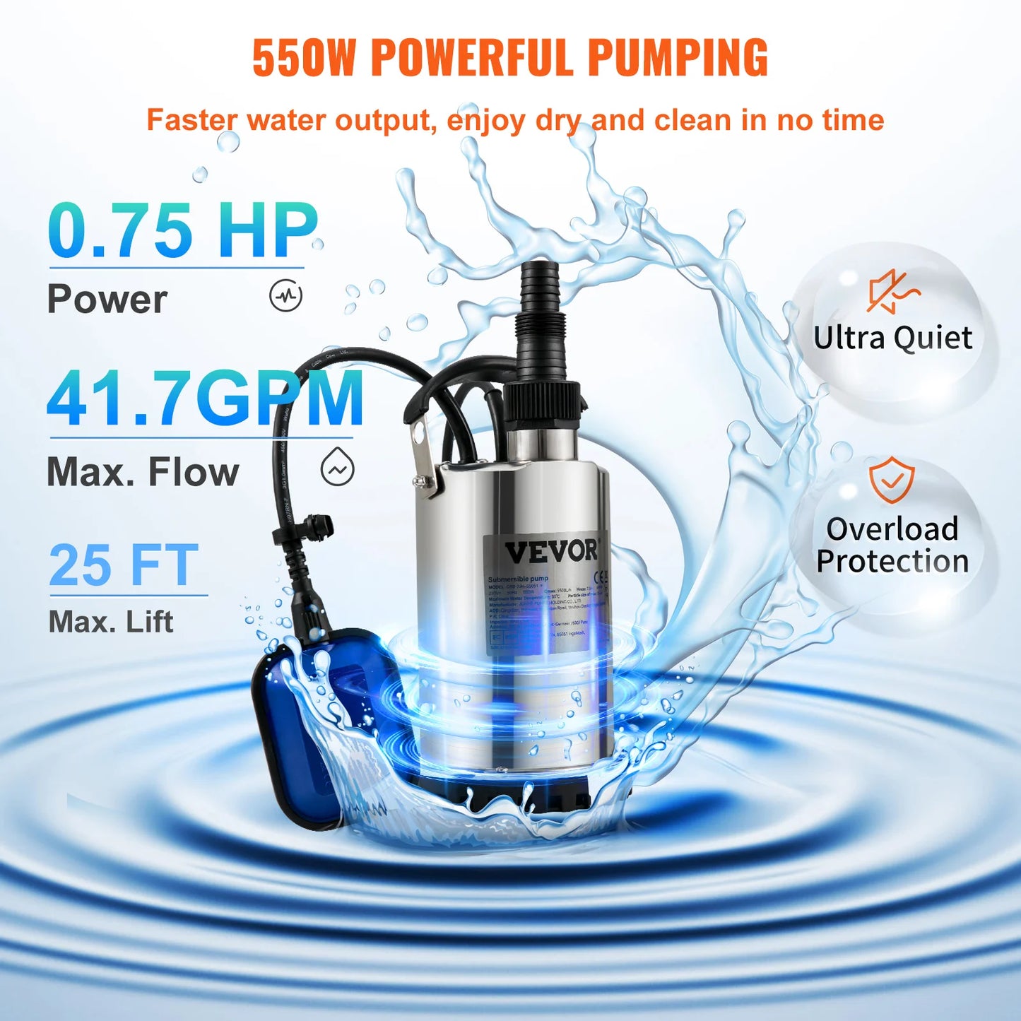 VEVOR Sewage Pump Submersible Sump Pump Clean Water Pump 550W - 2200W for Pumping Water from Swimming Pools, Basements, Hot Tubs