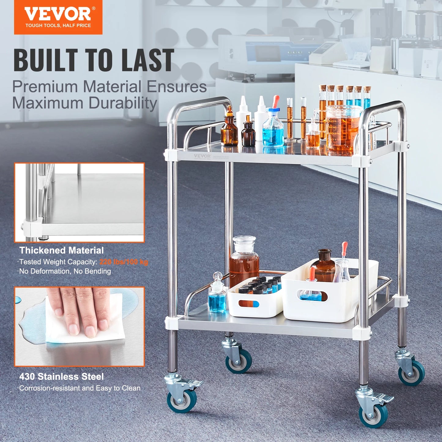 VEVOR Lab Rolling Cart 2-Shelf Stainless Steel Rolling Cart Lab Serving Cart Dental Utility Cart for Clinic Lab Hospital Salon