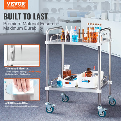 VEVOR Lab Rolling Cart 2-Shelf Stainless Steel Rolling Cart Lab Serving Cart Dental Utility Cart for Clinic Lab Hospital Salon