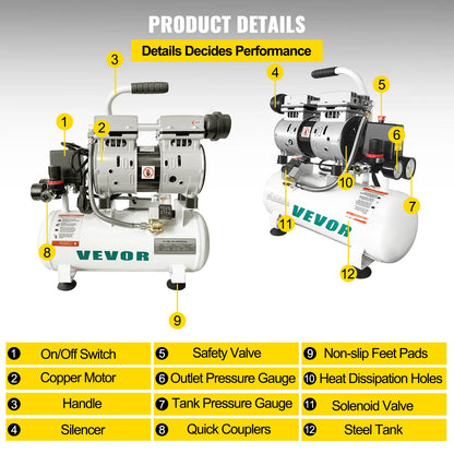 VEVOR Silent Air Compressor 9/25/30L Portable Oil-free Air Compressor Pump Safe Solenoid Valve Workshop Repair Tire Inflation