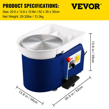 VEVOR Electric Pottery Wheel Machine 28cm 350W Manual Handle & Foot Pedal for School Ceramic Clay Working Forming DIY Art Craft
